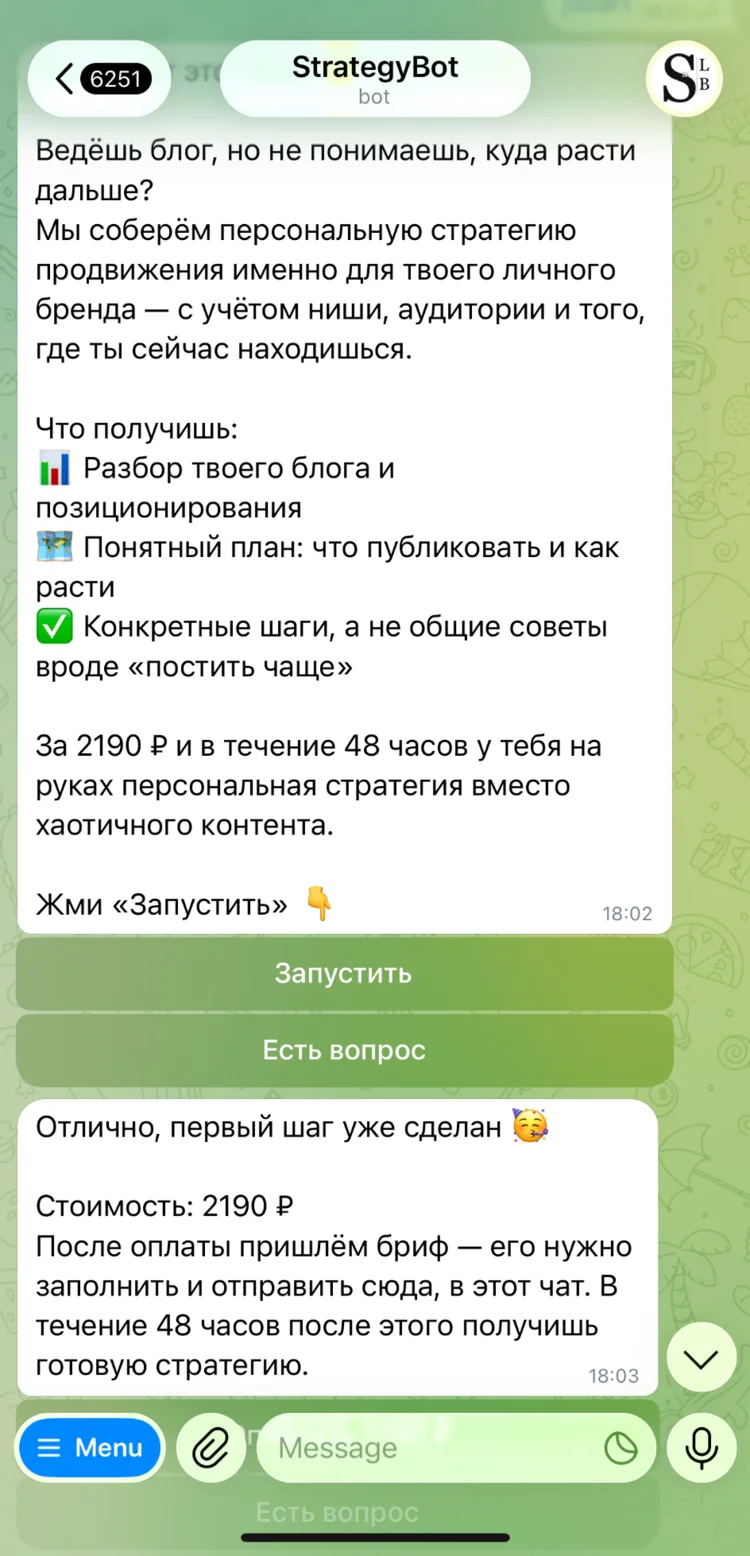 Экран Telegram-бота StrategyBot: приветственное сообщение с описанием стратегии продвижения и кнопкой «Запустить»